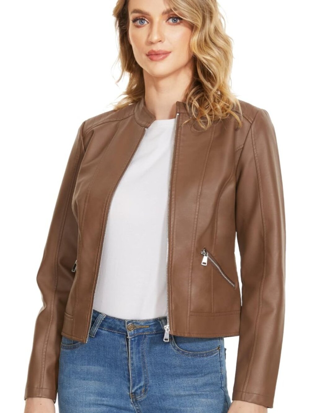 Women's Camel Zip Leather Jackets Motorcycle Stylish Moto Biker Outwear Coat